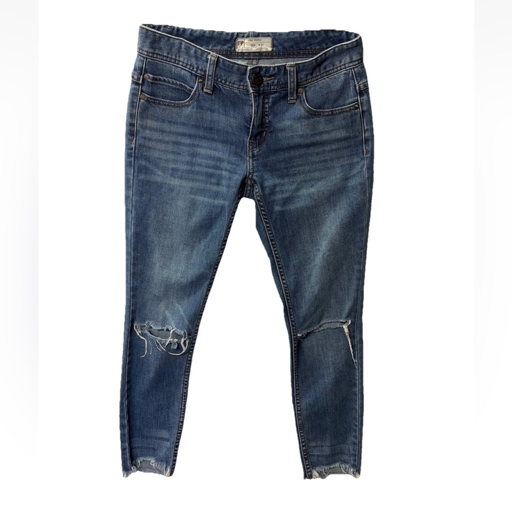 Free People Blue Distressed Skinny Jeans raw hem size 25